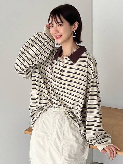 FRIFUL 女士宽松条纹 Polo 领长袖休闲 T 恤，春夏、秋季服装