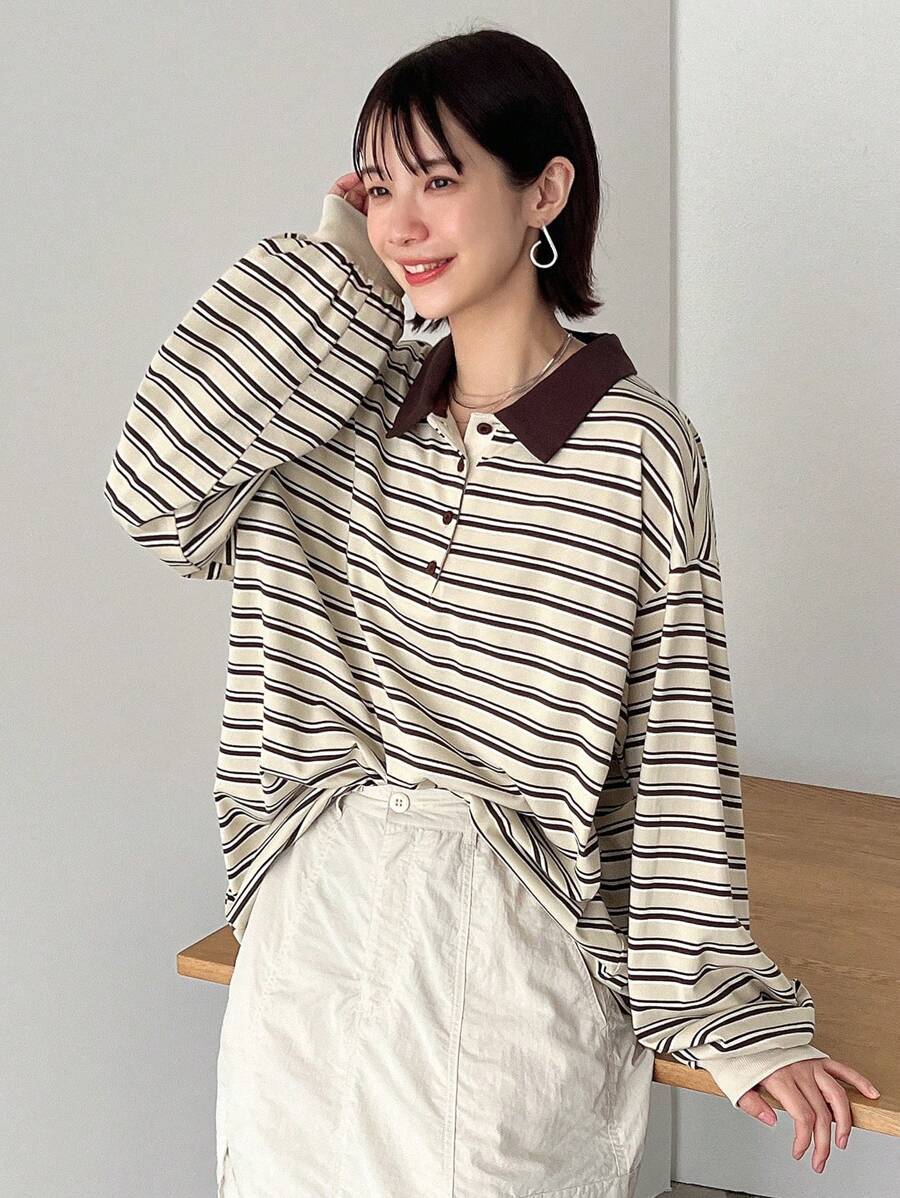 FRIFUL 女士宽松条纹 Polo 领长袖休闲 T 恤，春夏、秋季服装 - 彩色 - 查看 1