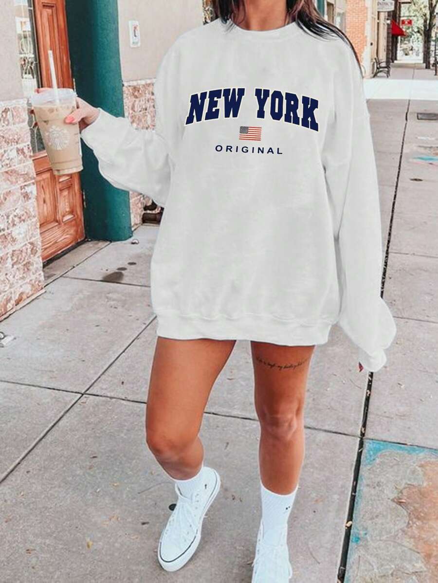 Chiquease 纽约图案印花女式休闲时尚超大白色圆领运动衫 - 白色 - 查看 1