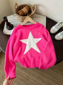 LMoss Kids Tween Girl Star Pattern Round Neck Drop Shoulder Sweater, Sibling Outfits,In Fall/Winter - Hot Pink - View 1