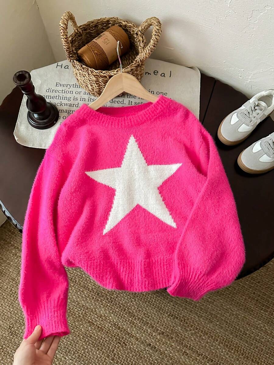 LMoss Kids Tween Girl Star Pattern Round Neck Drop Shoulder Sweater, Sibling Outfits,In Fall/Winter - Hot Pink - View 1