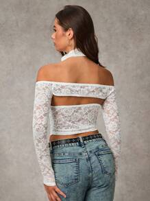 SHEIN BAE Áo ren trang trí hoa chắp vá màu trơn dành cho nữ - trắng - Xem 5