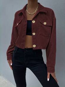 SHEIN Unity 1 件女式单排扣休闲日常灯芯绒夹克 - 紅色 - 查看 5