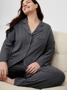 LUVLETTE Autumn And Winter Plus Women Ribbed Comfort Cotton Basic Classic Long Pajama Loungewear Set Sleepwear Lounge Set Fall Pajamas - Dark Grey - View 7