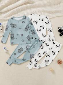 4 件套新生男婴紧身休闲服装套装：数码印花太空熊圆领长袖衬衫 + 配套印花裤，数码熊猫印花圆领长袖衬衫 + 配套印花裤 - 彩色 - 查看 9