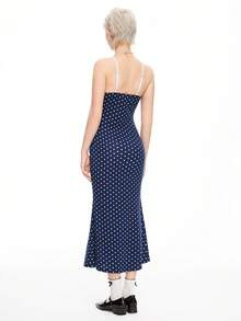 ROMWE Kawaii 女士波尔卡圆点印花简约日常细肩带连衣裙 - 藏蓝色 - 查看 4