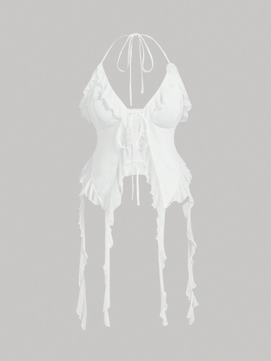 SHEIN MOD Plus Size Romantic White Ruffle Trim 3D Floral Design Halter Neck Top