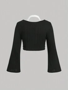 SHEIN MOD Blusa negra de manga larga acampanada con cuello halter para mujer talla grande - Negro - Ver 2