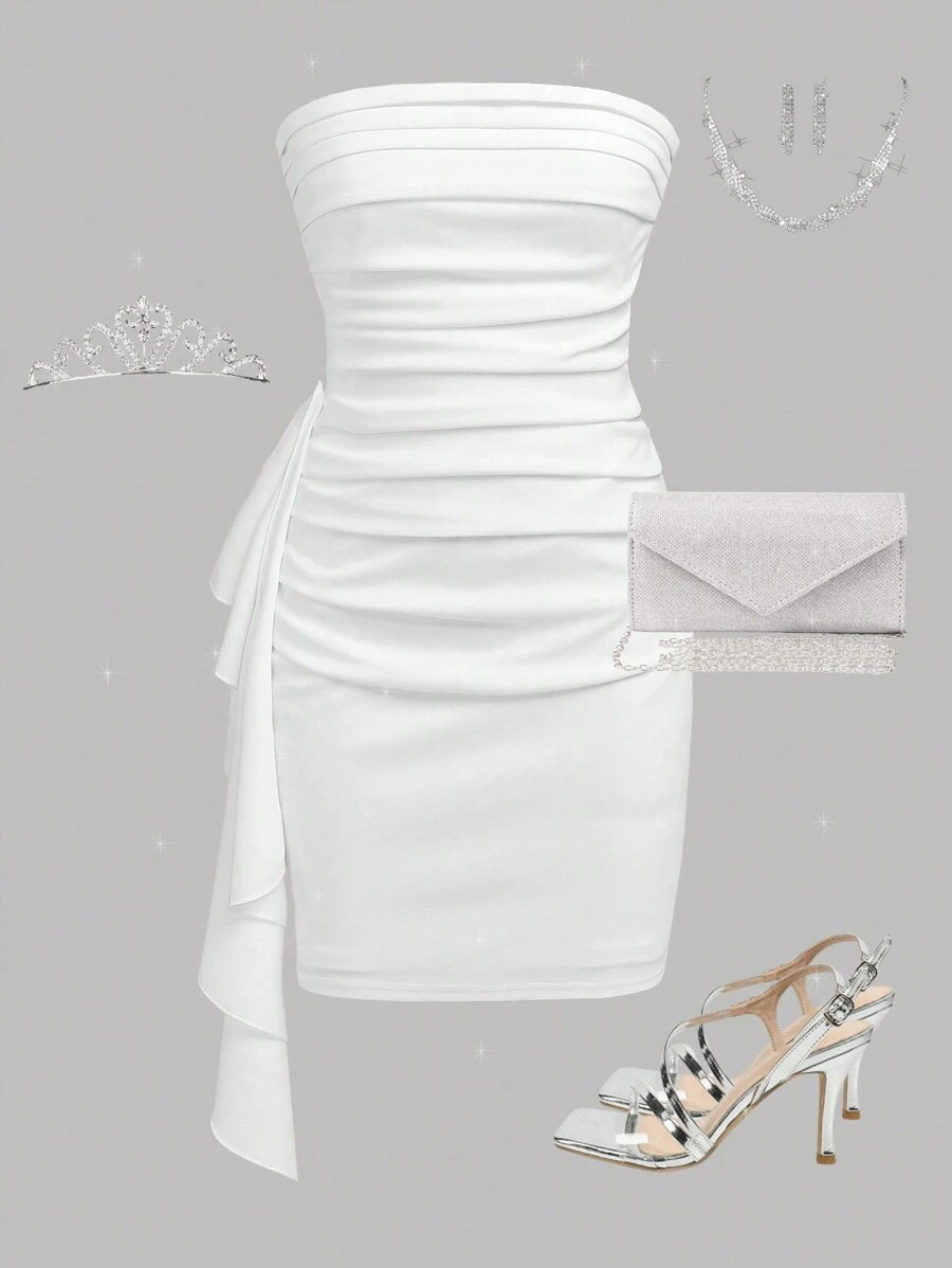 SHEIN Girlism 少女白色针织纯色荷叶边褶饰聚拢优雅时尚派对抹胸连衣裙