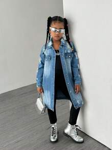 SHEIN Explorewe Tween Girls Y2K Streetwear Casual College Frayed Distressed Long Denim Jacket, Versatile Chic Fashion Item For Spring, Fall And Winter - Medium Wash - View 3