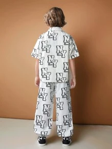 SHEIN 2 件套 Tween Boy 休闲编织纯色字母印花 Polo 领衬衫和踝长裤套装