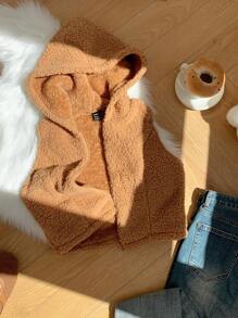 Comfortcana 驼绒大码女款拉链休闲连帽背心夹克羊毛背心棕色泰迪熊背心泰迪熊连帽衫背心女款秋冬背心