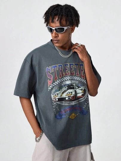 Manfinity VCAY Camiseta de manga corta de cuello redondo y corte holgado con estampado de letras en inglés, adecuada para el verano para hombre