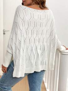 SHEIN LUNE Suéter holgado de cuello ancho en blanco con textura, informal para mujer de talla grande, atuendos de vacaciones, blusas de estilo campestre - Blanco - Ver 2