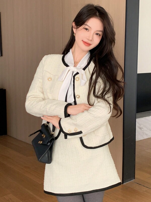 DAZY Dazy X KIMYOUJUNG Collection Color Block Long Sleeve Round Neck Loose Pocket Women's Jacket,Fall Women Clothes