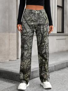 SHEIN EZwear 全印花休闲直筒牛仔裤，带口袋 - 彩色 - 查看 6