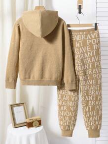 2 piezas Conjunto de suéter con capucha oversize y pantalones de punto con texto en inglés de estilo coreano para niños en otoño e invierno