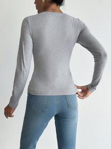 EURMUSE Solid Scoop Neck Tee - Grey - View 2