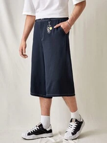 Manfinity VCAY Pantalones casuales tejidos para hombre con patrón de pájaros, cintura con cordón y largo 3/4 - Azul - Ver 4