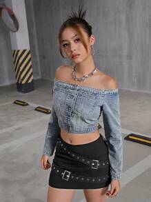 SHEIN Y2K Style Off Shoulder Blue Denim Top For Teenage Girls, Cute Fall Back To School Clothes Outfits