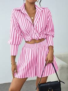 Chiquease Striped Print Twist Front Long Sleeve Shirt And High Waisted Shorts Streetwear Casual Outfit