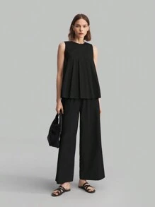 Ontre Petite 2026春夏新款纯色宽松阔腿裤，休闲春夏款 - 黑色 - 查看 2