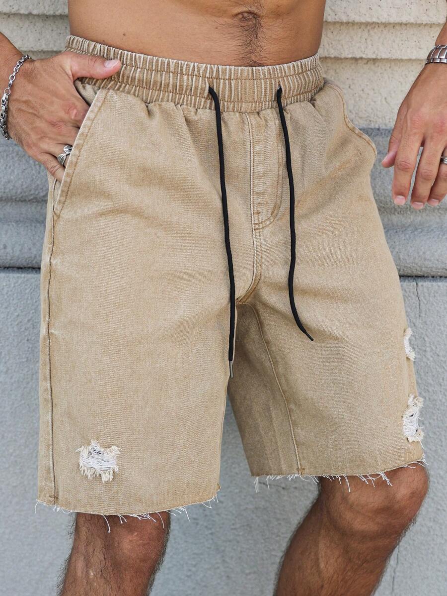 Manfinity Homme 男士抽绳腰休闲破洞设计时尚牛仔短裤、牛仔短裤