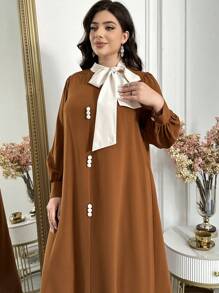 Al Najma Plus Size Dames Strik Hals Lange Mouw Knoop Decor Jurk, Arabische Stijl, Kaftan Jalabiya Jurk Voor Avondfeesten/Bruiloftsgasten
