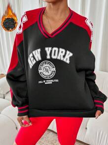 SHEIN SXY Casual Oversized Fleeced Pullover Hoodie With American Style Graphic Print, Warm For Autumn & Winter