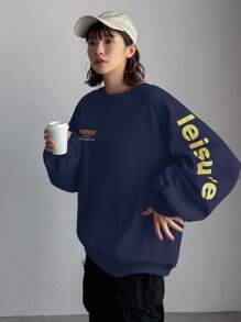 FRIFUL 女士字母印花插肩袖长袖宽松休闲运动衫，春秋季 - 藏蓝色 - 查看 5