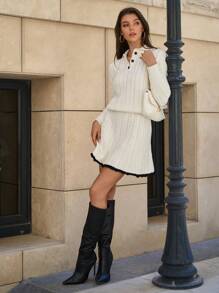 EURMUSE Women Cable Knit Pattern Collar Neck Pullover & Sweater Skirt Set - Beige - View 2