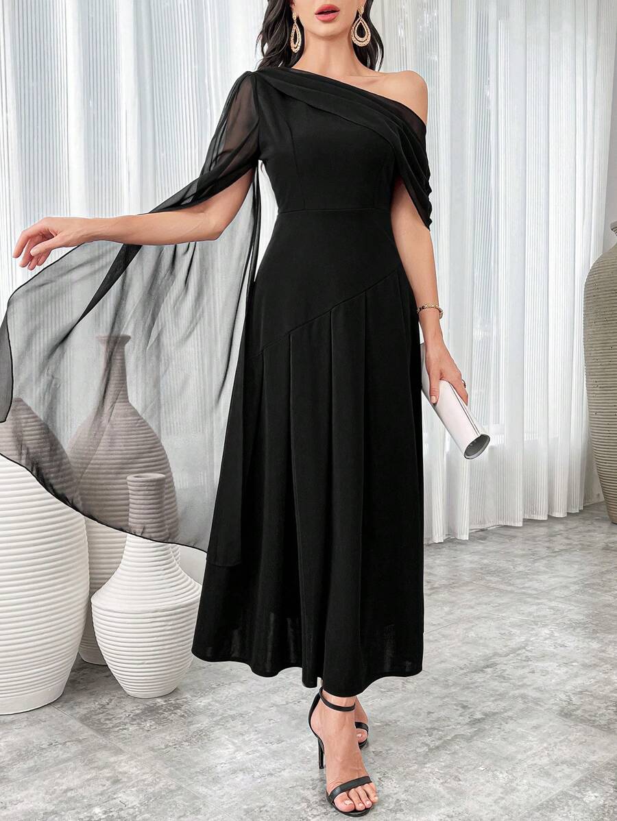 Modelyn Đầm Maxi Cổ Lưới Tương Phản Cho Nữ Trang Phục Dạ Hội Dài Vải Mùa Thu Cho Nữ - màu đen - Xem 1