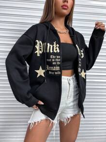 StreetHx Star & Slogan Graphic Zip Up Drop Shoulder Drawstring Hoodie,Long Sleeve Tops - Black - View 5