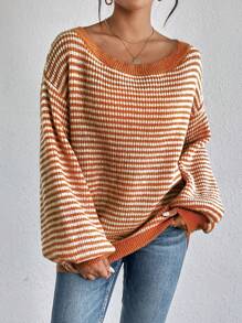SHEIN LUNE Women's Fall Contrast Striped Print Off-Shoulder Long Sleeve Sweater,Long Sleeve Tops,Casual - Multicolor - View 3