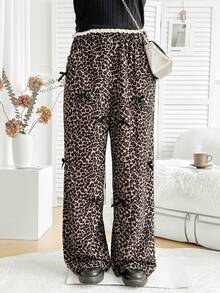 Dreamara Plus Size WYWH Women's Vacation Coffee Color Leopard Pattern Corduroy Bow Decoration Elastic Waist Straight Tube Pants - Multicolor - View 1