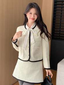 Dazy X KIMYOUJUNG Collection Color Block Long Sleeve Round Neck Loose Pocket Women's Jacket,Fall Women Clothes Women Coats - Beige - View 4