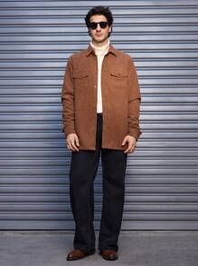 Manfinity VCAY 男士梭织常规版型翻领休闲夹克，适合秋季 - 棕色 - 查看 5