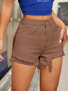 SHEIN PETITE Short de mezclilla unicolor, simple y casual para mujer - Marrón Mocha - Ver 4