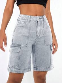 SHEIN PETITE Women Solid Color Summer Casual Cargo Style Denim Shorts,Jorts - Light Grey - View 5