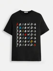 FRIENDS X SHEIN Men's Casual Letter Print Short Sleeve T-Shirt, Summer,Graphic Tee