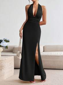 Rafferiza Women's Halter Neck Ruched Backless Fit & Flare Bowknot Elegant Dress Maxi Women Outfit - Black - View 4