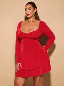 SHEIN BAE Plus Size Women's Solid Color Stretch Knit A Line Sweet Cake Dress Graduation Party Short Long Sleeve Cup Dress