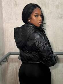 BamGleam Women's Winter Black Cropped Style Can Be Waisted Minimalist Daily Padded Hooded Coat - Black - View 5