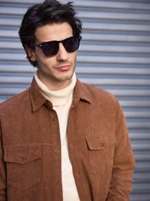 Manfinity VCAY 男士梭织常规版型翻领休闲夹克，适合秋季 - 棕色 - 查看 4