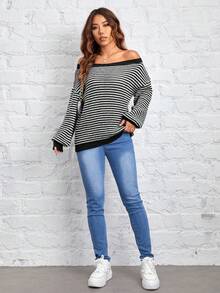 SHEIN PETITE Áo len trễ vai họa tiết sọc ấm áp cho chuyến đi chơi mùa thu đông - màu đen - Xem 3