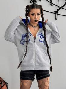 SHEIN Unity 万圣节图案拼色拉链连帽衫运动衫夹克 - 淺灰色 - 查看 1