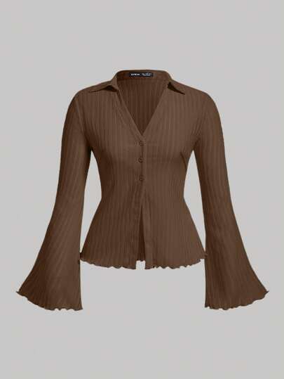 SHEIN MOD Plus Size Women's Spring Autumn Solid Color Turndown Collar Flare Sleeve Single Breasted Casual Blouse