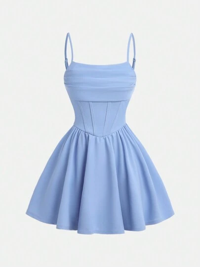 SHEIN Girlism Vestido de tirantes de canesú fruncido de unicolor tejido para adolescentes