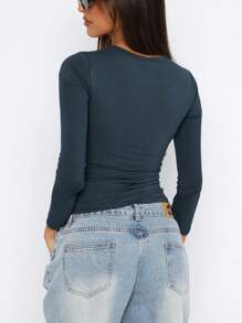 INAWLY Women's Fitted Long Sleeve Sweet Graceful Alluring & Elegant Casual Tee Fall Cloth For Women - Navy Blue - View 2