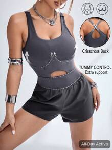 Innovista 运动收腹提臀连体衣、女式网球服、瑜伽服、健身服、骑行服、氨纶镂空连体衣、灰色连体衣、带可拆卸罩杯、女式连体裤、连体裤、女式网球服 - 深灰色 - 查看 6